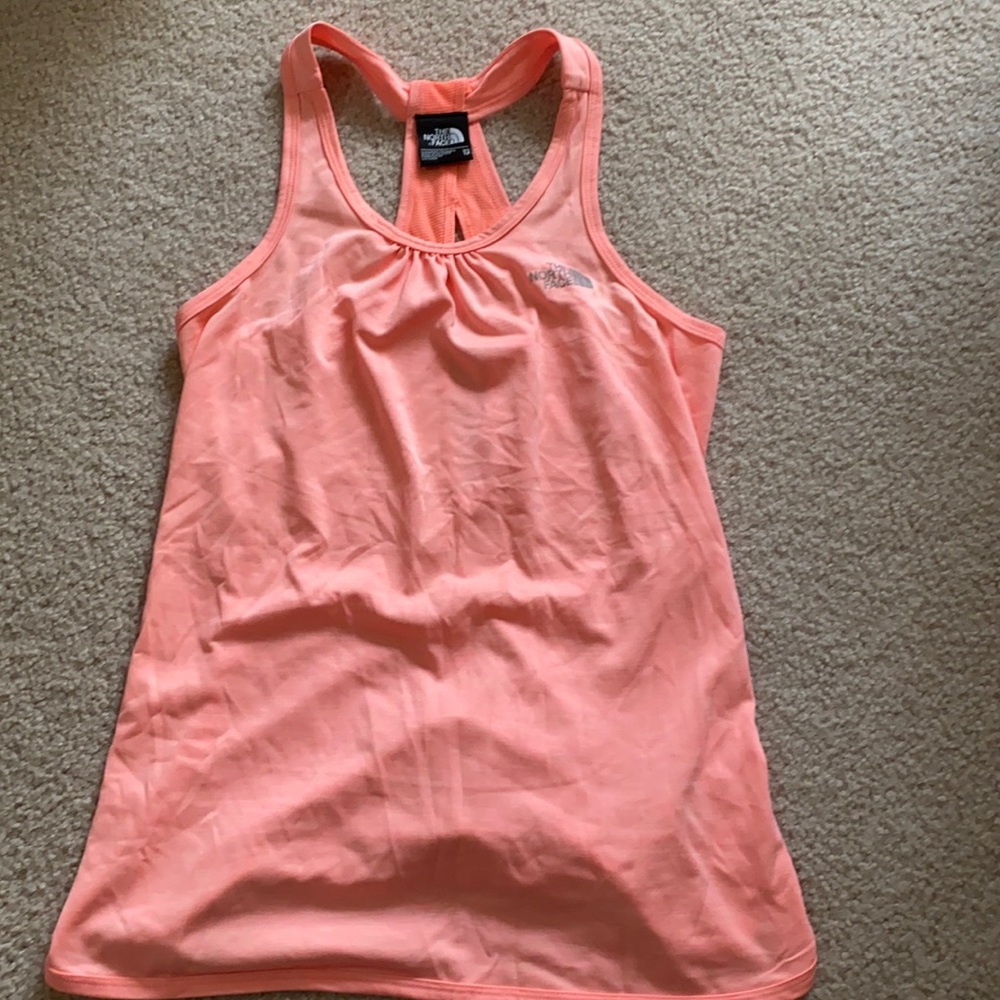 Neon coral north face open back tank top